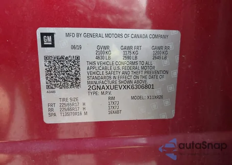 2019 Chevrolet Equinox Lt z USA, uszkodzony, nr VIN 2GNAXUEVXK6306801